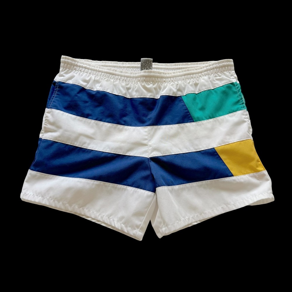 Vintage 80's Catalina Colorblock Striped Swim Trunks Blue White Yellow Sz 36